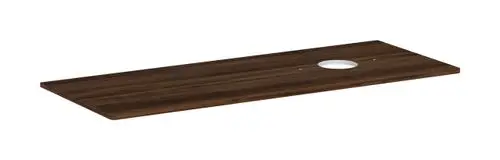Dunkle Holz-Konsole mit rechteckiger Form und einem Ausschnitt auf der rechten Seite, geeignet für einen Aufsatzwaschtisch von Hansgrohe.